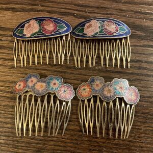Vintage Cloisonne Enamel Hair Combs 2 Pair Floral Butterfly Brass Art Deco Style